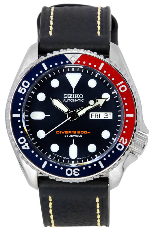 Seiko Automatic Diver's Ratio Black Leather 200M. A brand-new Seiko watch featuring a Leather strap. Side view.