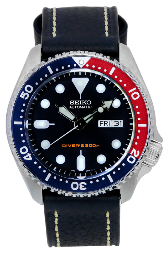 Seiko Automatic Diver's Ratio Black Leather 200M. A brand-new Seiko watch featuring a Leather strap. Angled view.