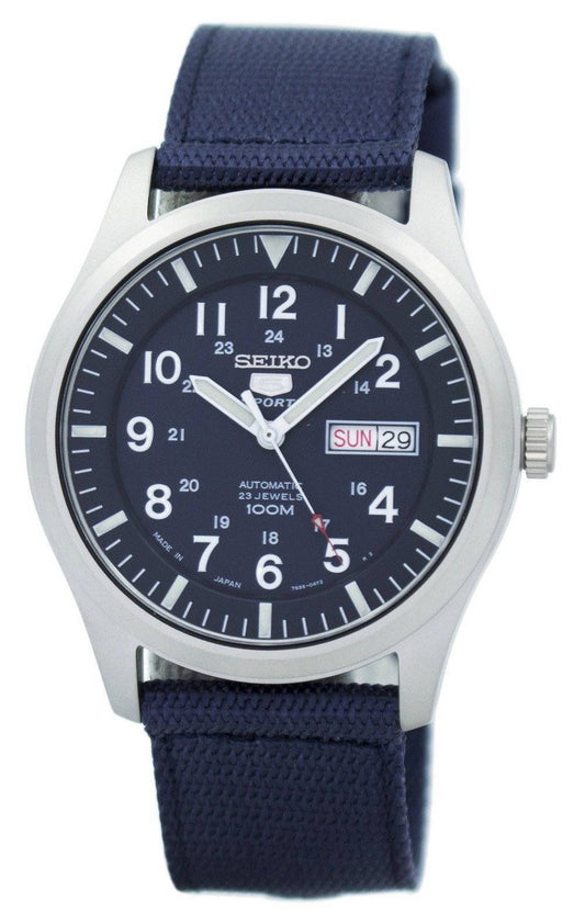 Seiko Automatic Sports SNZG11 SNZG11J Stainless Steel. A brand-new Seiko watch featuring a Nylon strap. Front view.