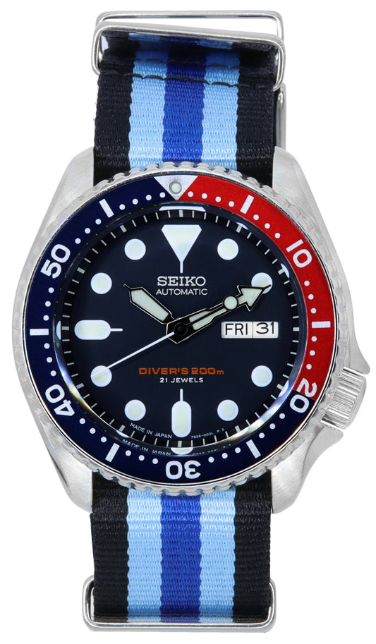 Seiko Blue Dial Automatic Diver's 200M Stainless Steel. A brand-new Seiko watch featuring a Blue dial. Angled view.
