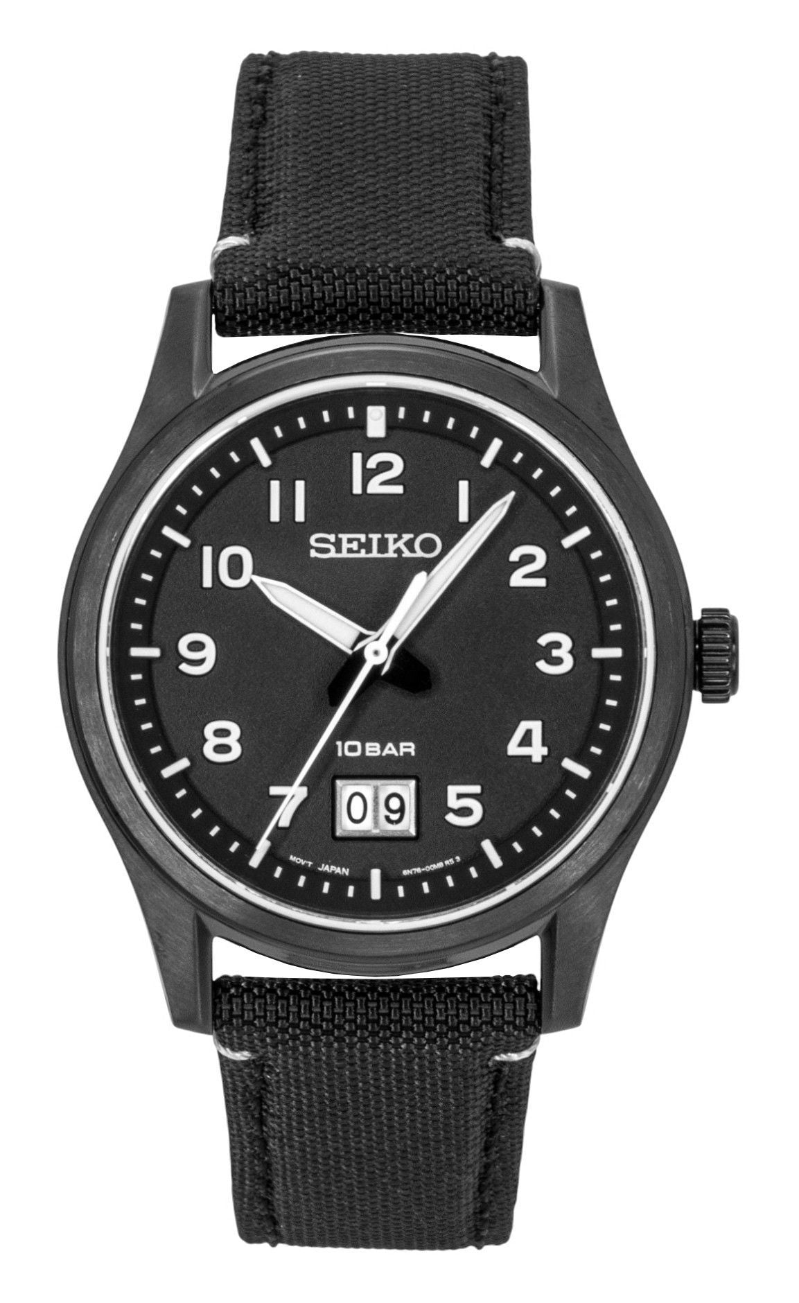 Seiko Classic Nylon Strap Black Dial Quartz 100M. A brand-new Seiko Classic watch featuring a Black dial and a Nylon strap. Side view.