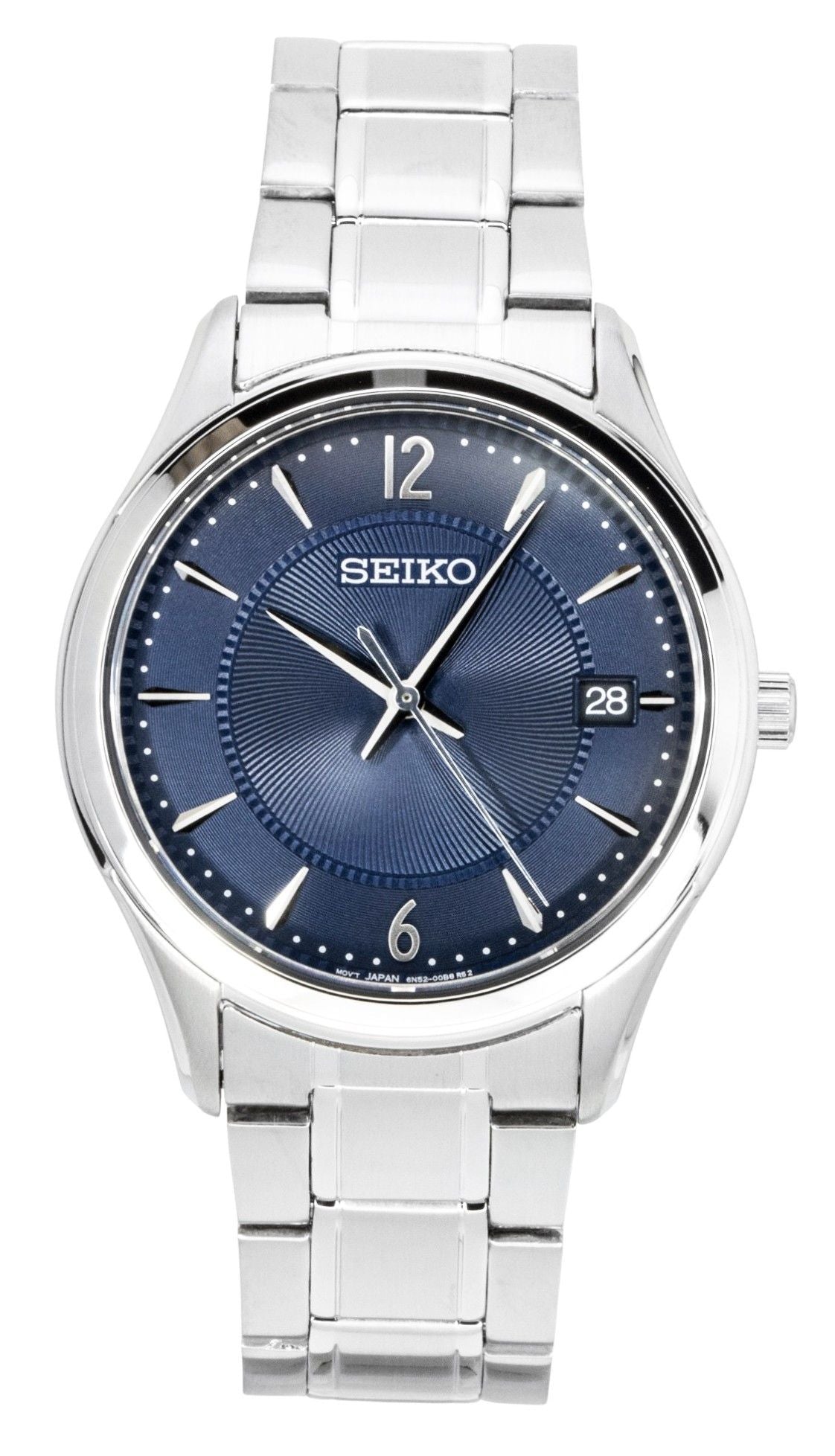 Seiko Classic Stainless Steel Blue Dial Quartz 100M. A brand-new Seiko Classic watch featuring a Blue dial and a Stainless steel strap. Front view.