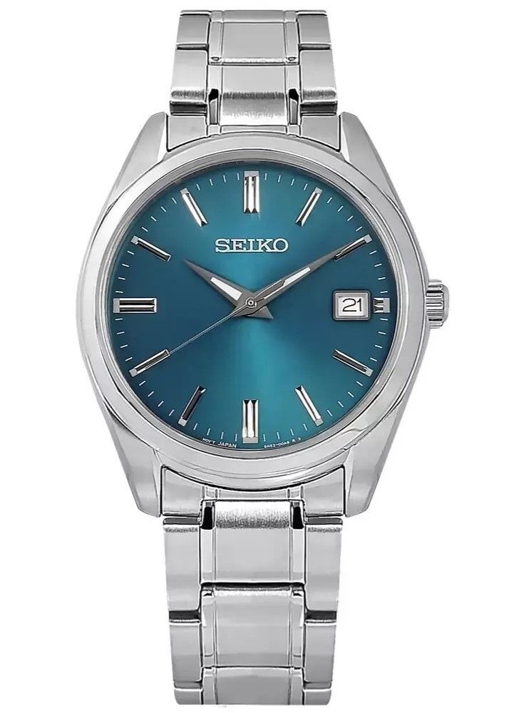 Seiko Classic Stainless Steel Blue Dial Quartz 100M. A brand-new Seiko Classic watch featuring a Blue dial and a Stainless steel strap. Side view.