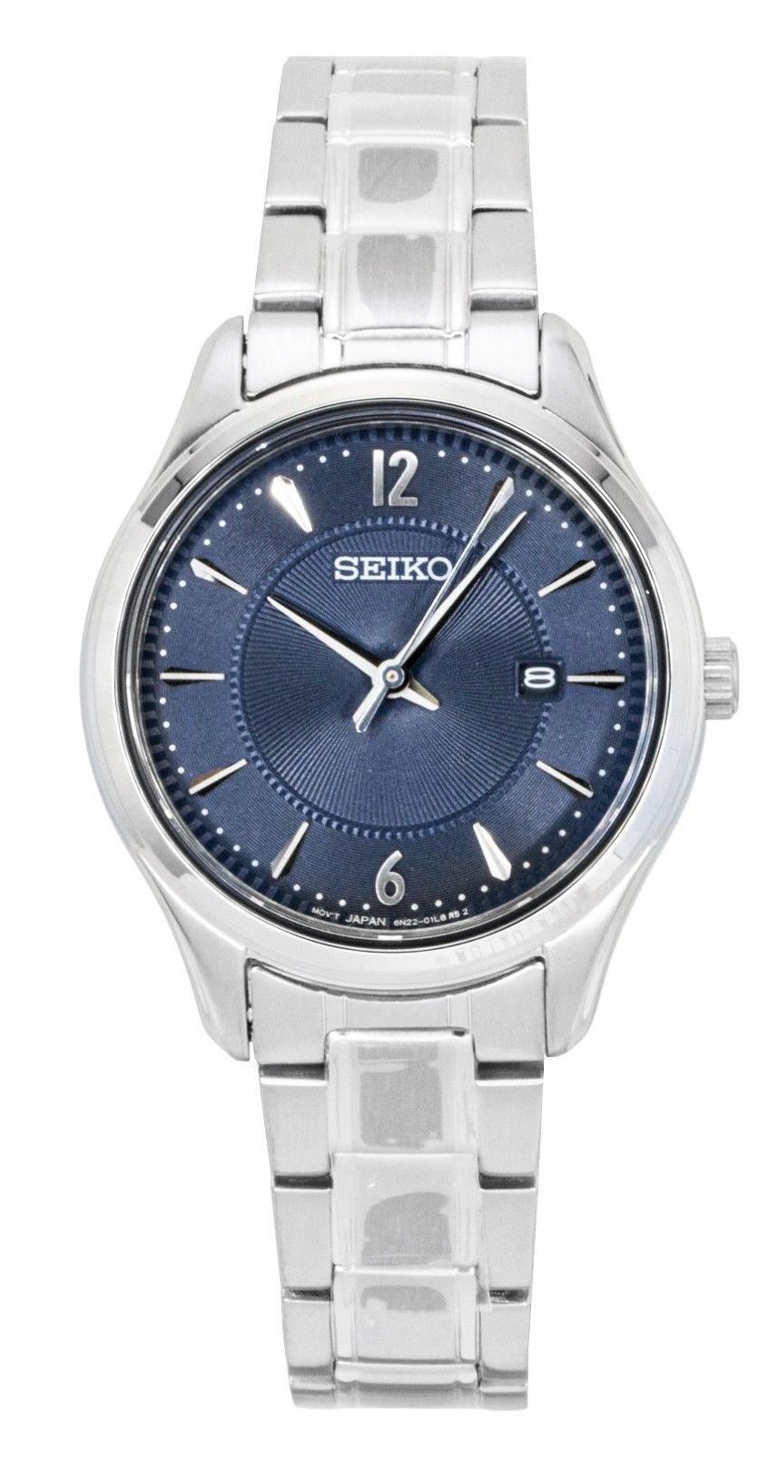 Seiko Classic Stainless Steel Blue Dial Quartz 100M Wo. A brand-new Seiko Classic watch featuring a Blue dial and a Stainless steel strap. Side view.
