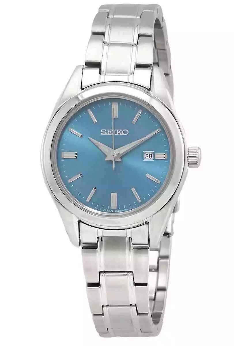 Seiko Classic Stainless Steel Blue Dial Quartz 100M Wo. A brand-new Seiko Classic watch featuring a Blue dial and a Stainless steel strap. Side view.