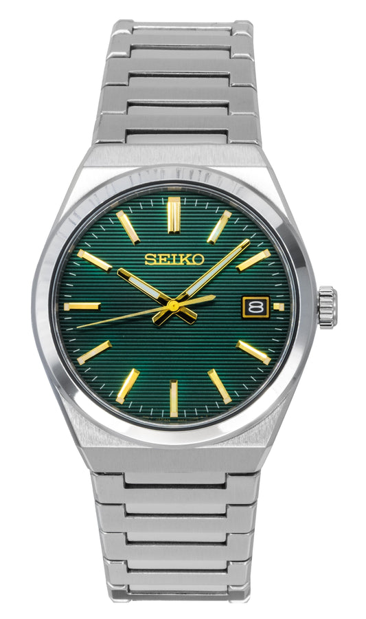 Seiko Classic Stainless Steel Green Dial Quartz 100M. A brand-new Seiko Classic watch featuring a Green dial and a Stainless steel strap. Angled view.