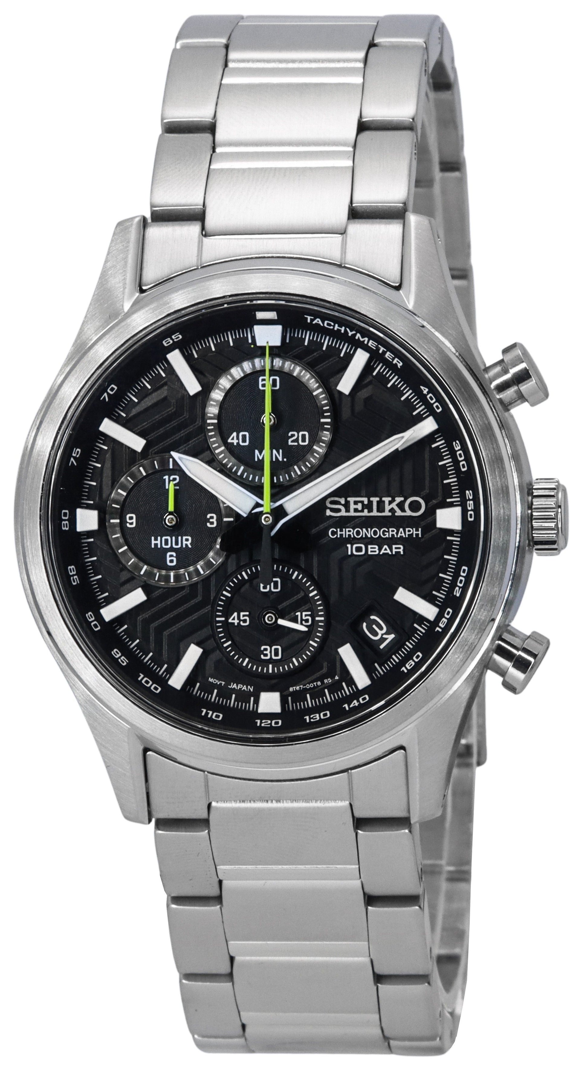 Seiko Conceptual Chronograph Black Dial Quartz 100M. A brand-new Seiko Conceptual watch featuring a Black dial and a Stainless steel strap. Angled view.
