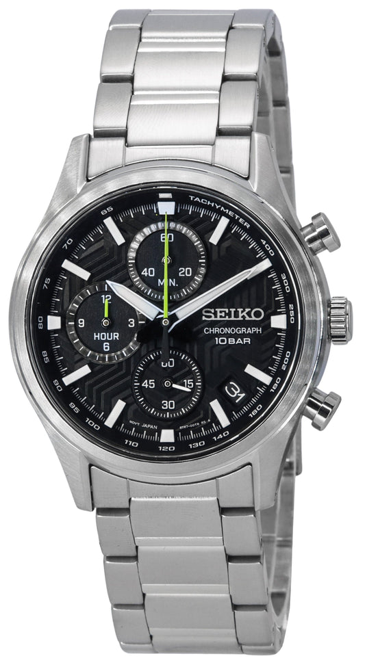 Seiko Conceptual Chronograph Black Dial Quartz 100M. A brand-new Seiko Conceptual watch featuring a Black dial and a Stainless steel strap. Angled view.