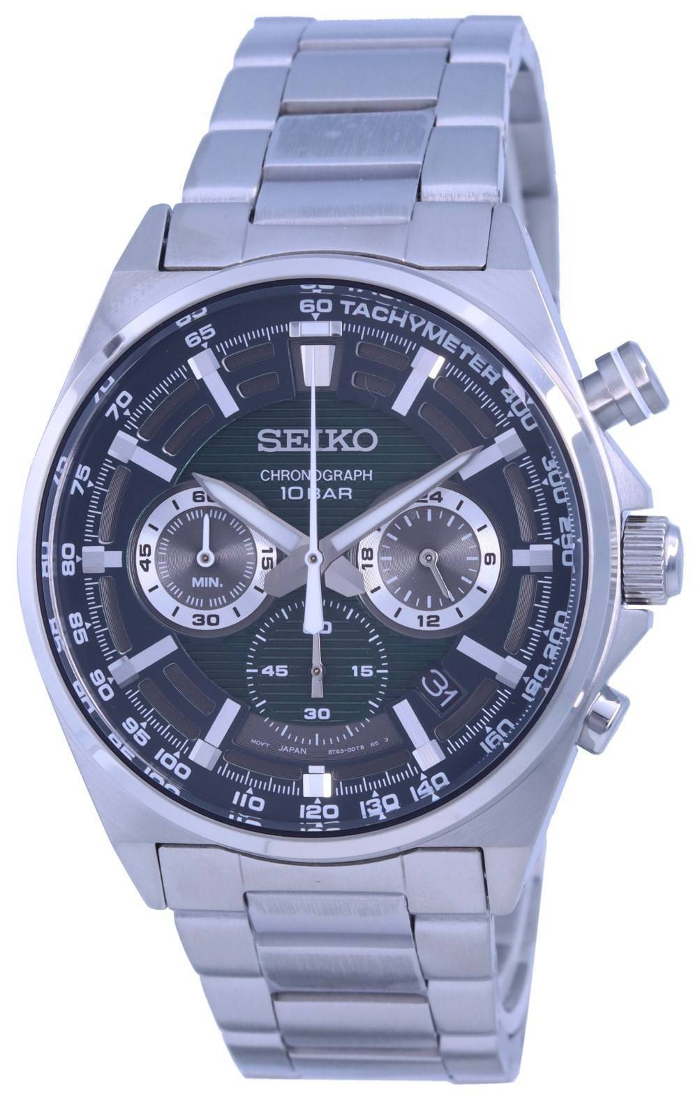 Seiko Discover More Chronograph Green Dial Quartz SSB405. A brand-new Seiko Discover More watch featuring a Green dial and a Stainless steel strap. Angled view.