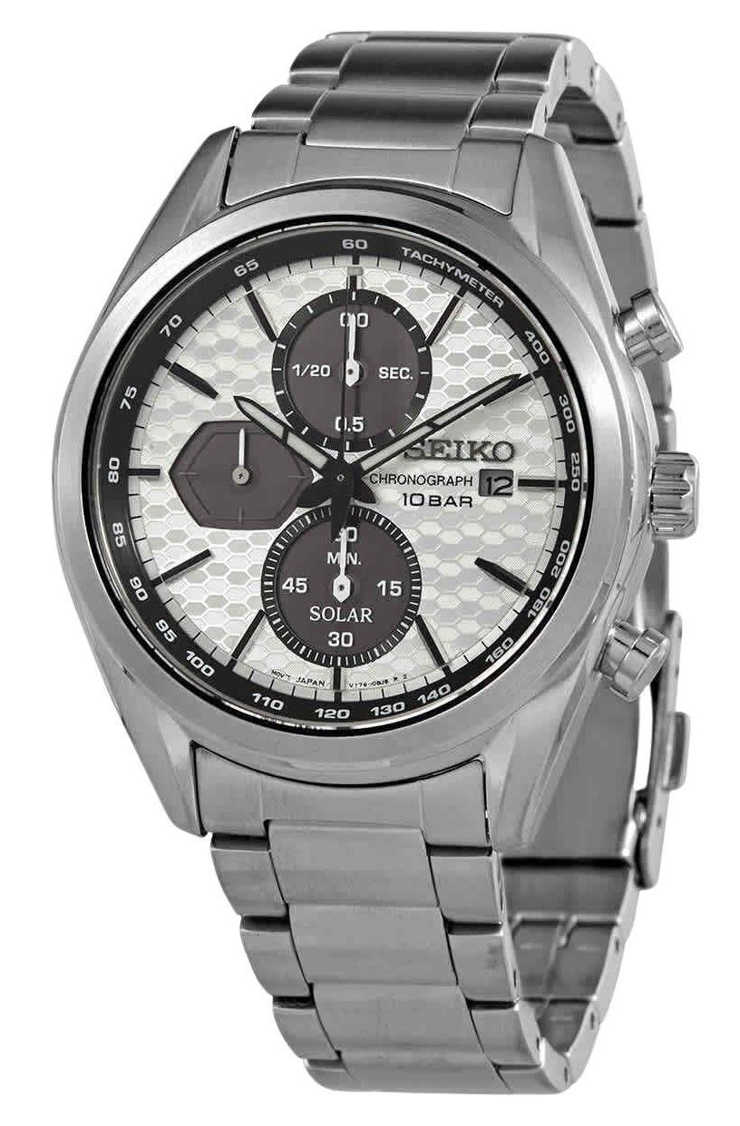 Seiko Discover More Chronograph Solar SSC769 SSC769P 100M. A brand-new Seiko Discover More watch featuring a Stainless steel strap. Angled view.