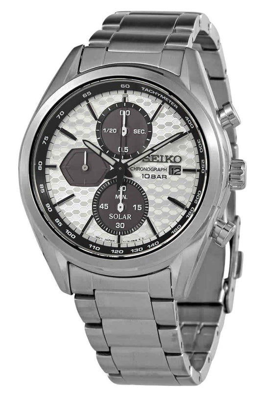 Seiko Discover More Chronograph Solar SSC769 SSC769P 100M. A brand-new Seiko Discover More watch featuring a Stainless steel strap. Angled view.