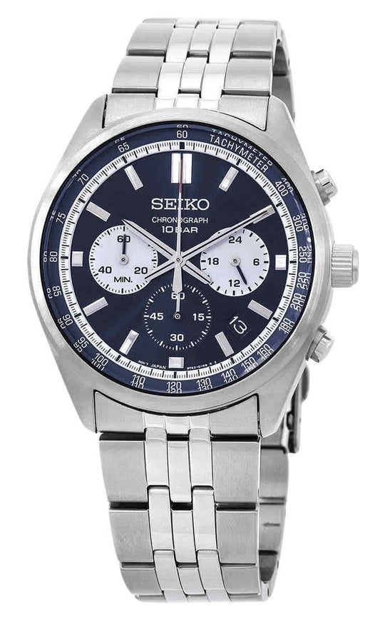 Seiko Discover More Chronograph Stainless Steel Blue Dial. A brand-new Seiko Discover More watch featuring a Blue dial and a Stainless steel strap. Angled view.