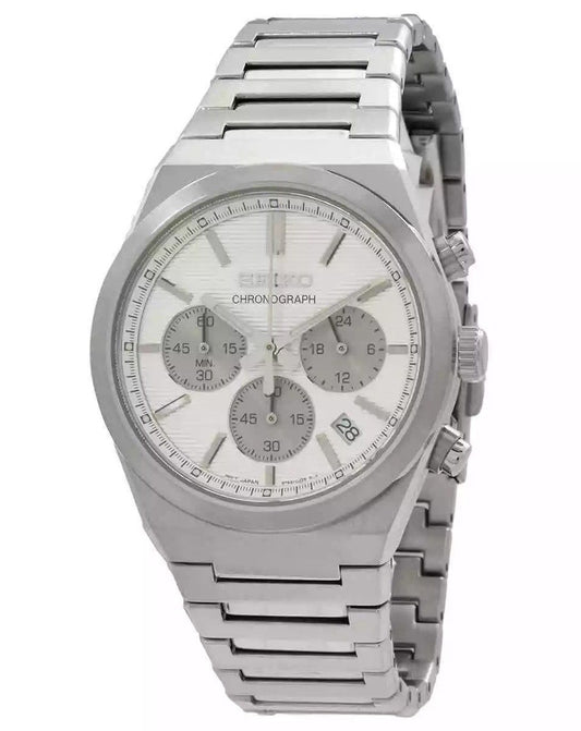 Seiko Discover More Classic Chronograph Stainless Steel. A brand-new Seiko Classic watch featuring a White dial and a Stainless steel strap. Angled view.