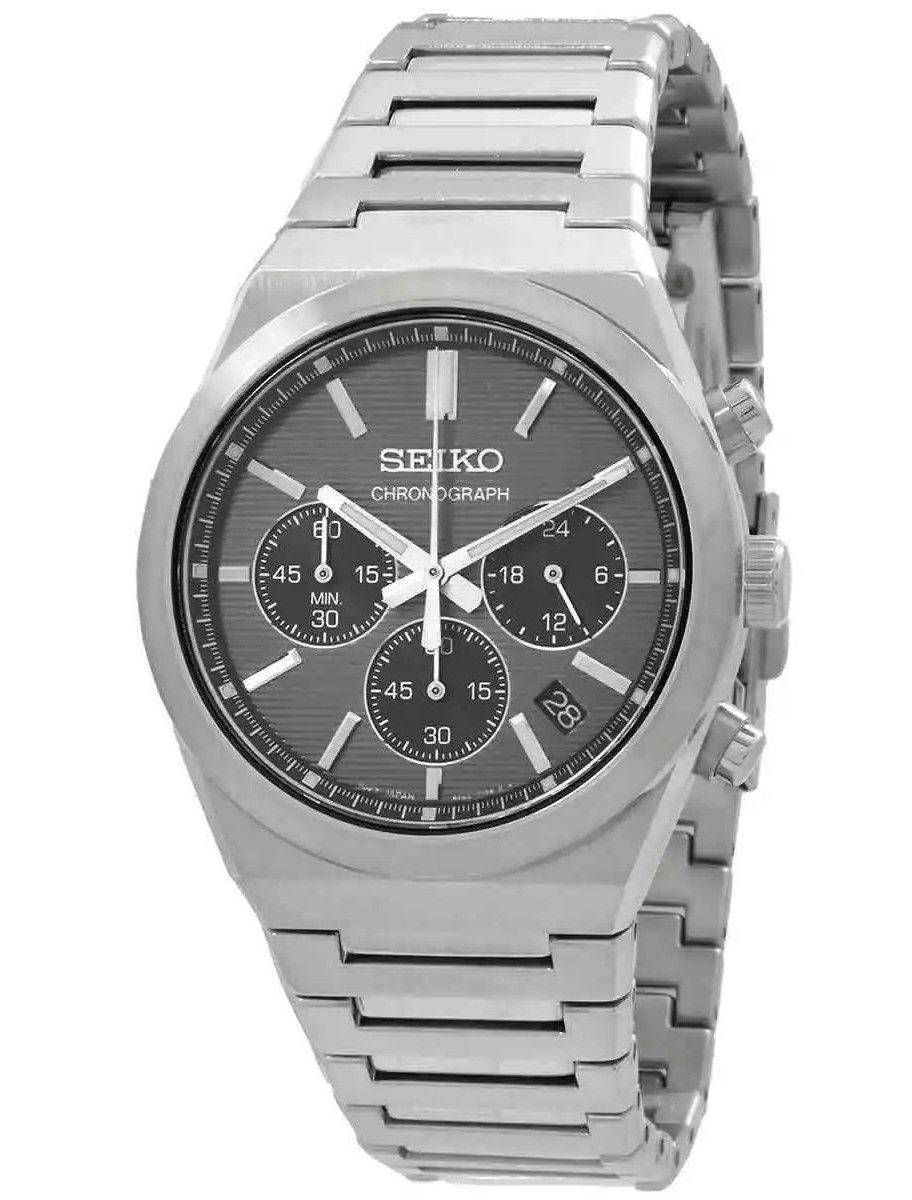 Seiko Discover More Classic Chronograph Stainless Steel. A brand-new Seiko Classic watch featuring a Grey dial and a Stainless steel strap. Side view.