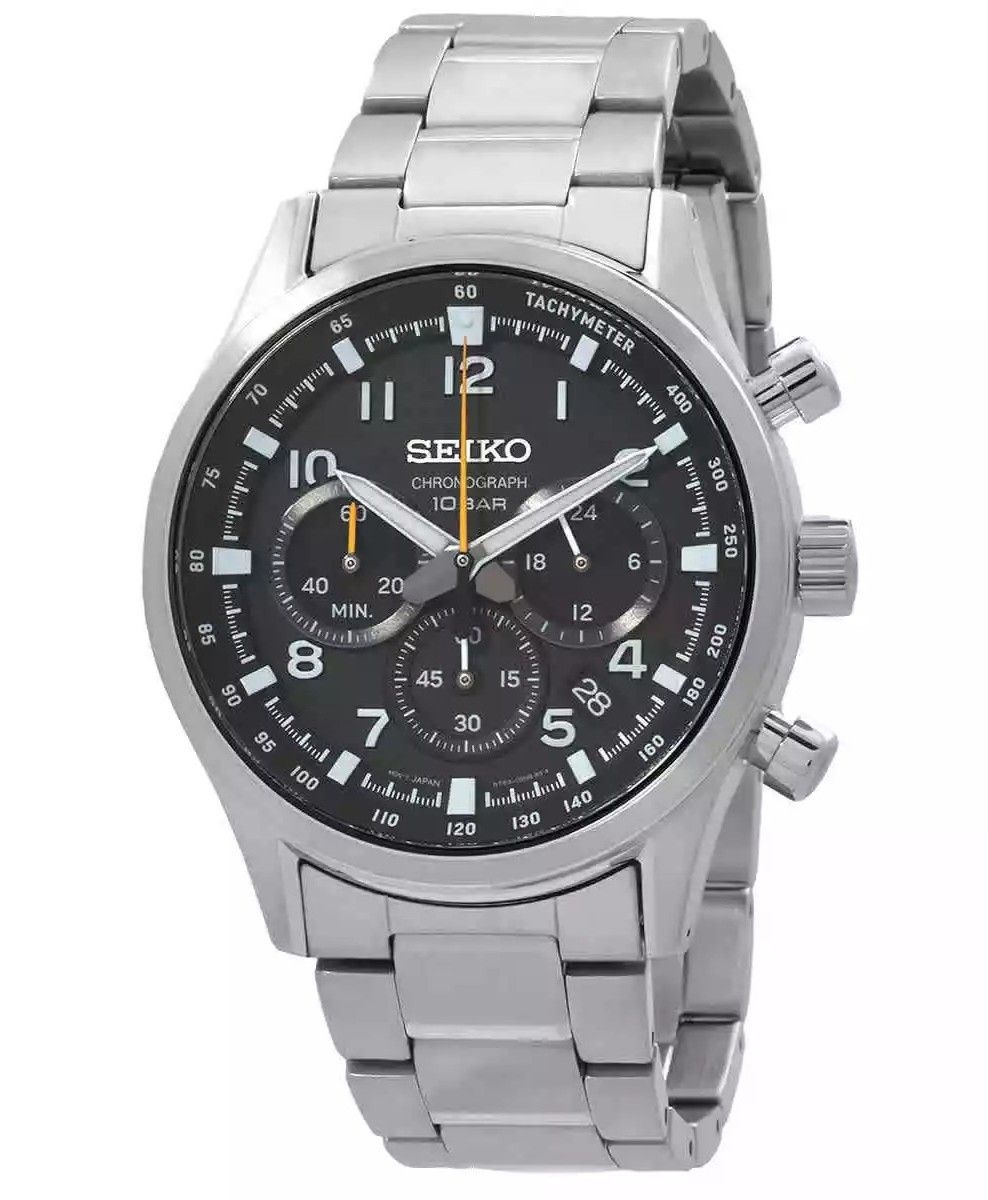 Seiko Discover More Sport Chronograph Stainless Steel Black. A brand-new Seiko Discover More watch featuring a Black dial and a Stainless steel strap. Angled view.