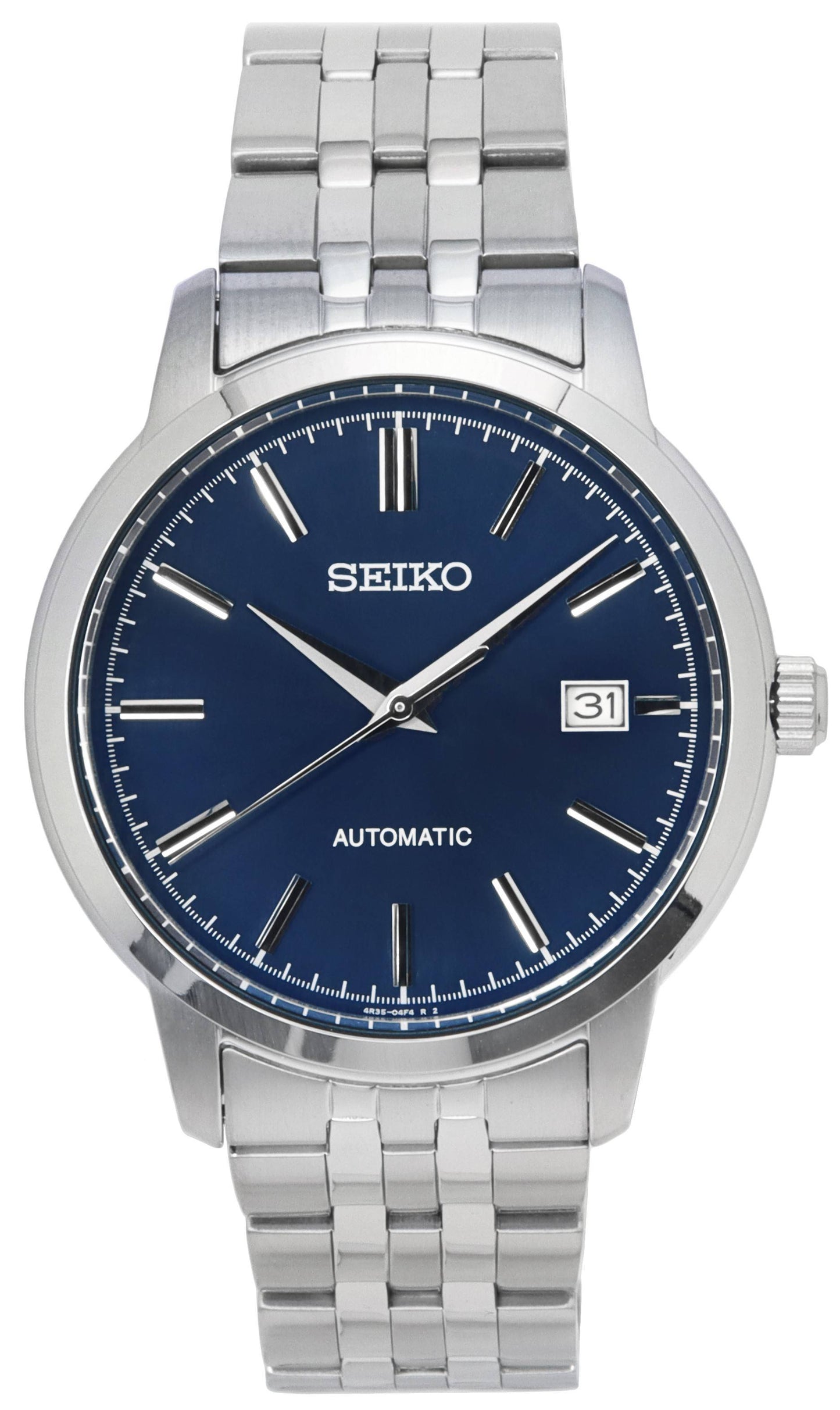 Seiko Discover More Stainless Steel Blue Dial Automatic. A brand-new Seiko Discover More watch featuring a Blue dial and a Stainless steel strap. Side view.
