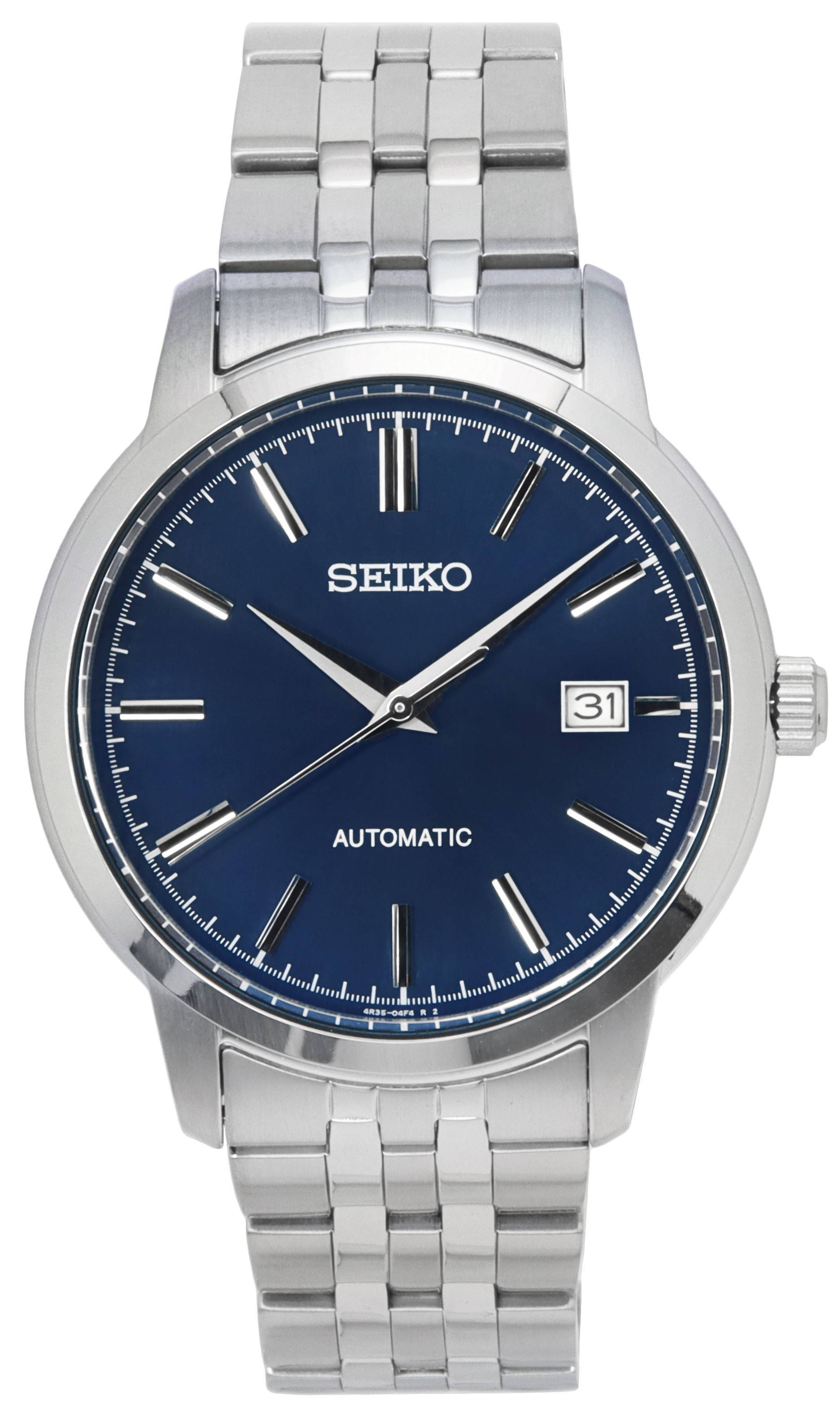 Seiko Discover More Stainless Steel Blue Dial Automatic. A brand-new Seiko Discover More watch featuring a Blue dial and a Stainless steel strap. Side view.