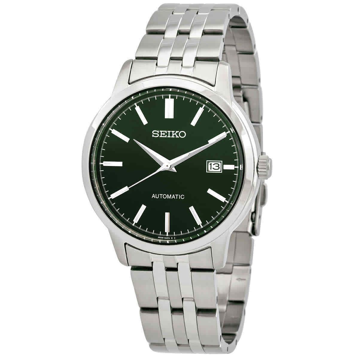 Seiko Discover More Stainless Steel Green Dial 23 Jewels. A brand-new Seiko Discover More watch featuring a Green dial and a Stainless steel strap. Angled view.