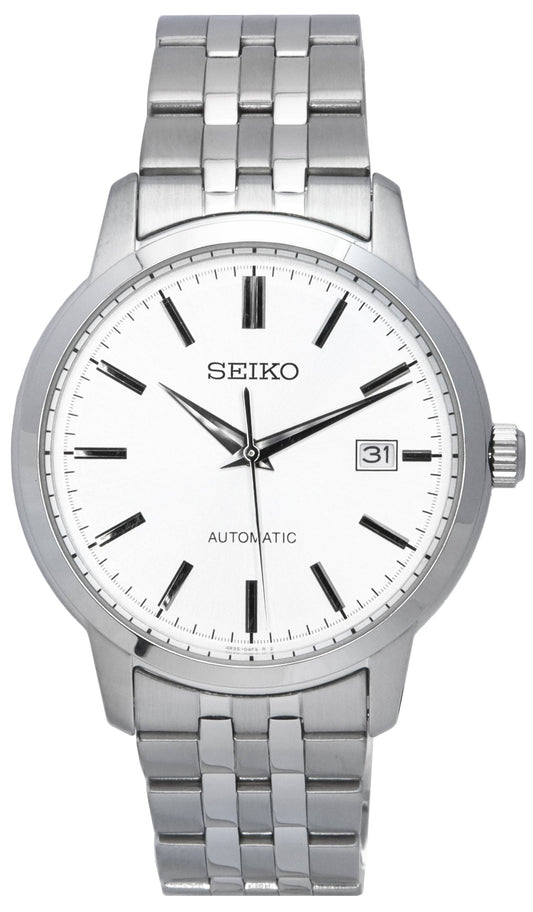 Seiko Discover More Stainless Steel Silver Dial Automatic. A brand-new Seiko Discover More watch featuring a Silver dial and a Stainless steel strap. Angled view.