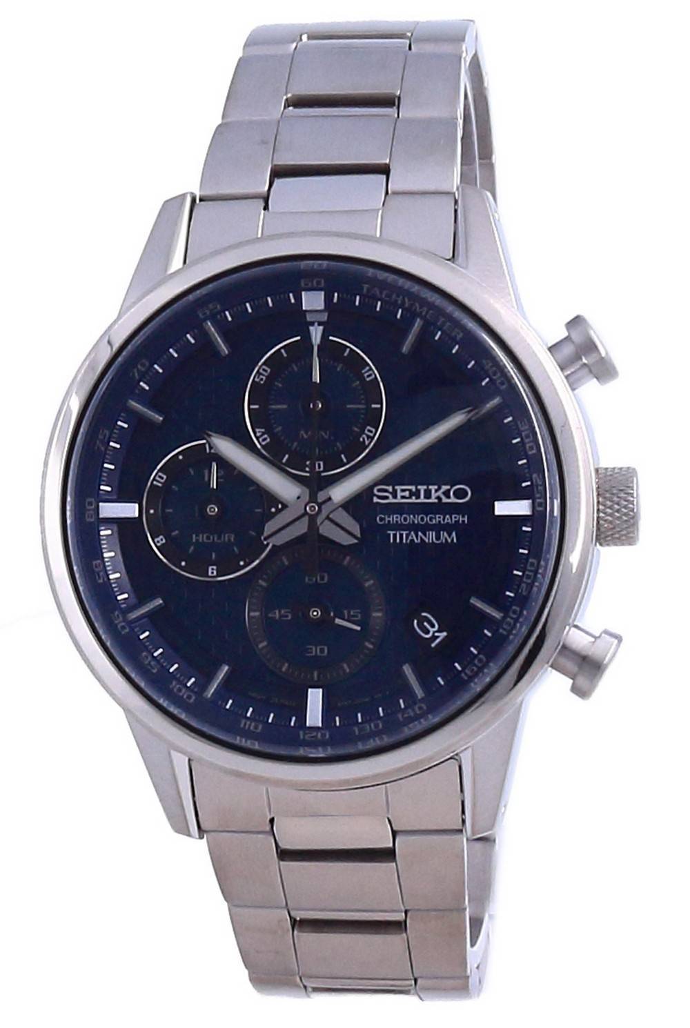 Seiko Discover More Titanium Chronograph Quartz 100M. A brand-new Seiko Discover More watch featuring a Titanium strap. Angled view.