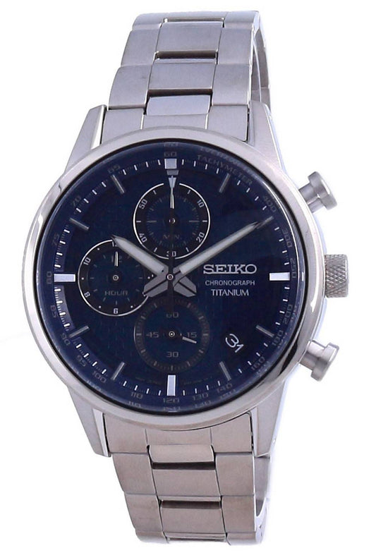 Seiko Discover More Titanium Chronograph Quartz 100M. A brand-new Seiko Discover More watch featuring a Titanium strap. Angled view.