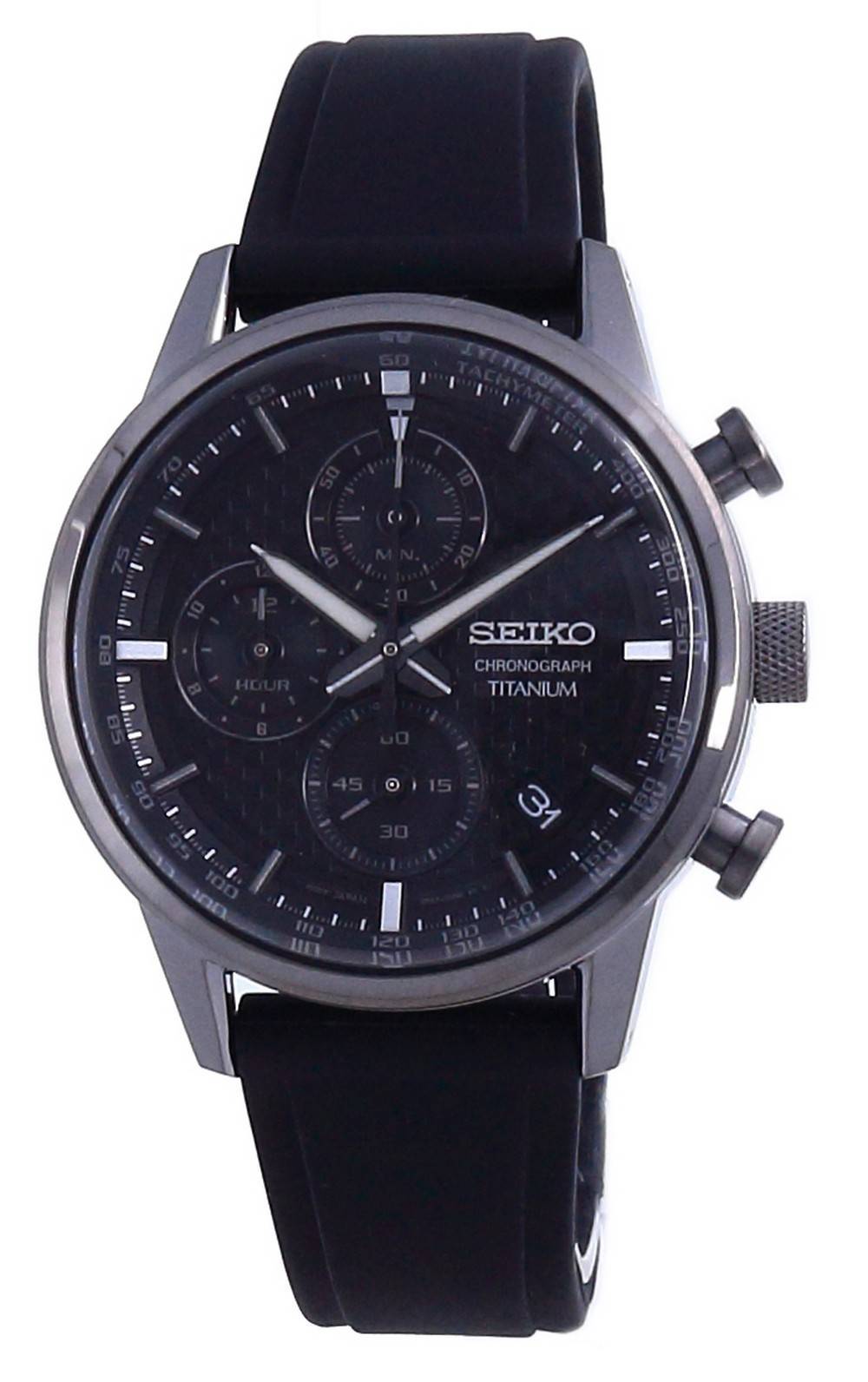 Seiko Discover More Titanium Chronograph Quartz SSB393. A brand-new Seiko Discover More watch featuring a Silicone strap. Angled view.
