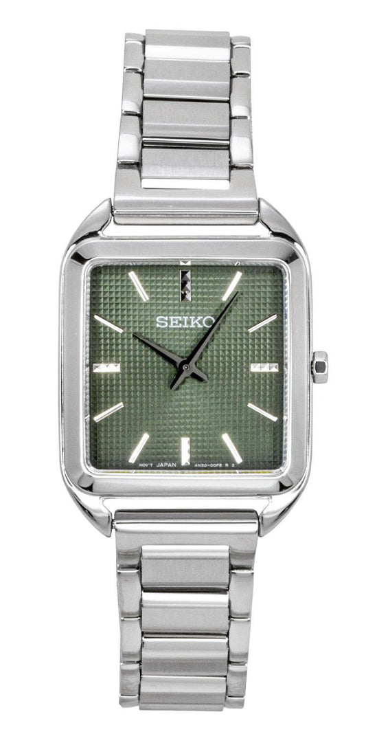 Seiko Essentials Stainless Steel Green Dial Quartz Wo. A brand-new Seiko watch featuring a Green dial and a Stainless steel strap. Front view.