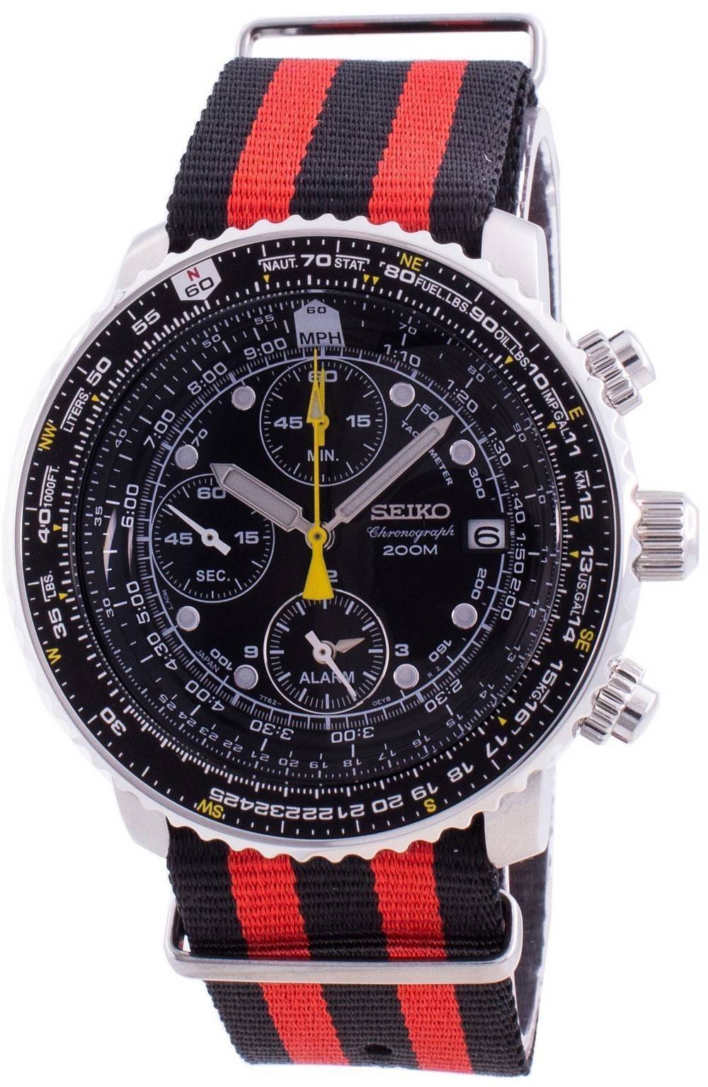 Seiko Pilot's Flight Quartz Chronograph 200M Water Resistant. A brand-new Seiko watch featuring a Nylon strap. Angled view.