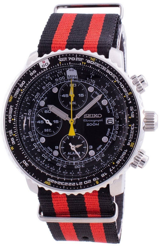 Seiko Pilot's Flight Quartz Chronograph 200M Water Resistant. A brand-new Seiko watch featuring a Nylon strap. Angled view.