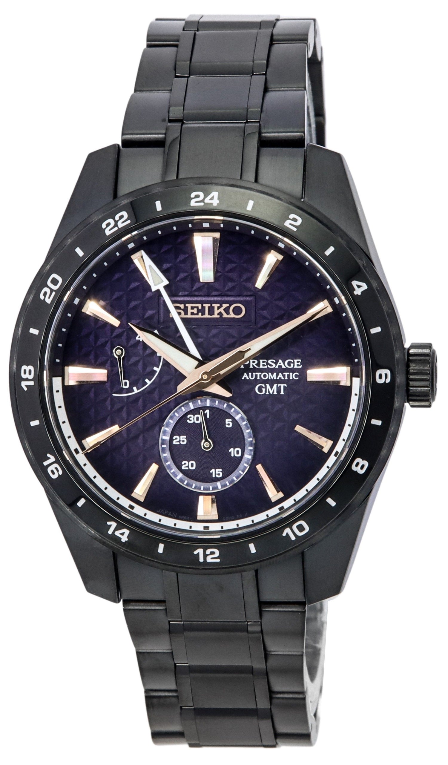 Seiko Presage Akebono Sharp Edged Series GMT Limited. A brand-new Seiko Presage watch featuring a Blue dial. Front view.