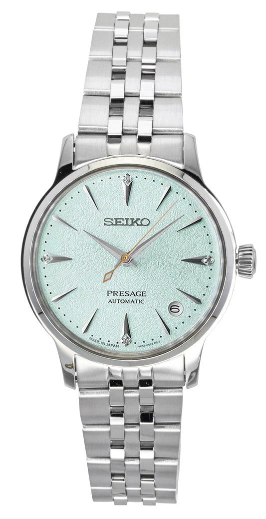 Seiko Presage Cocktail Diamond Accents Stainless Steel Mint. A brand-new Seiko Presage watch featuring a Green dial and a Stainless steel strap. Side view.