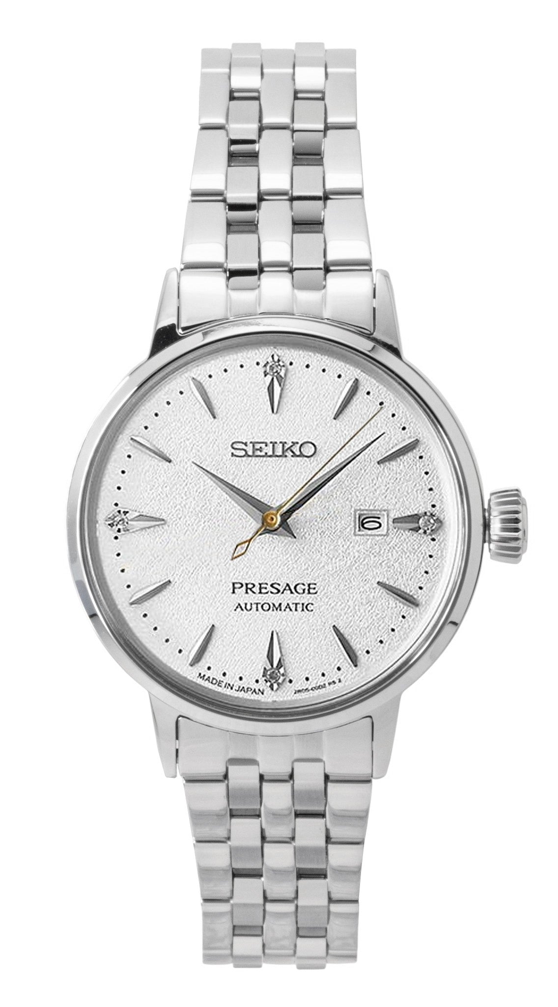 Seiko Presage Cocktail Diamond Accents Stainless Steel. A brand-new Seiko Presage watch featuring a Silver dial and a Stainless steel strap. Front view.