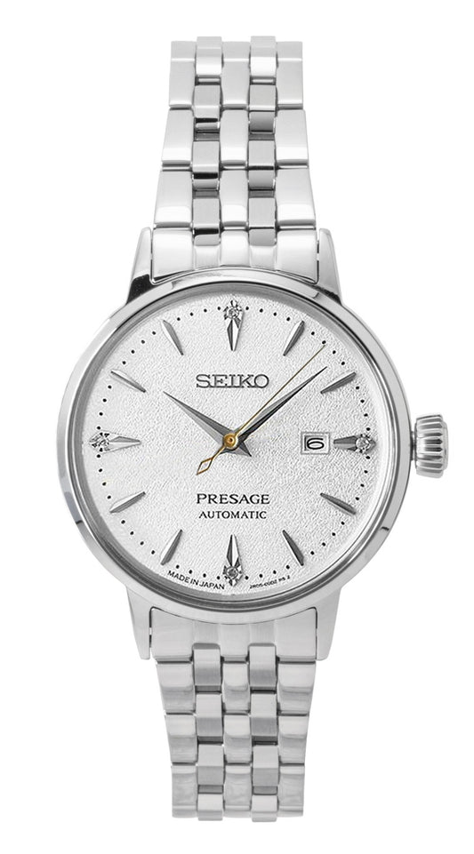 Seiko Presage Cocktail Diamond Accents Stainless Steel. A brand-new Seiko Presage watch featuring a Silver dial and a Stainless steel strap. Front view.