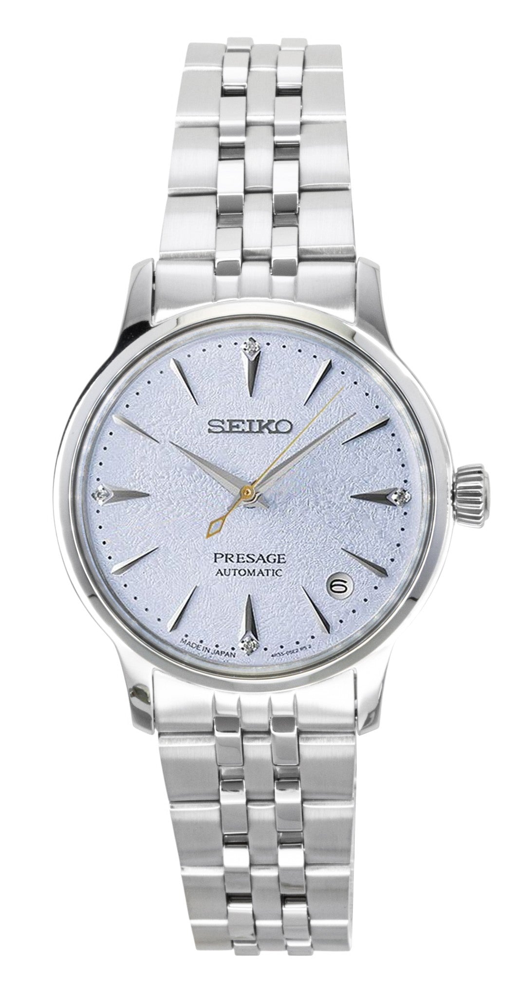 Seiko Presage Cocktail Diamond Accents Stainless Steel. A brand-new Seiko Presage watch featuring a Blue dial and a Stainless steel strap. Side view.