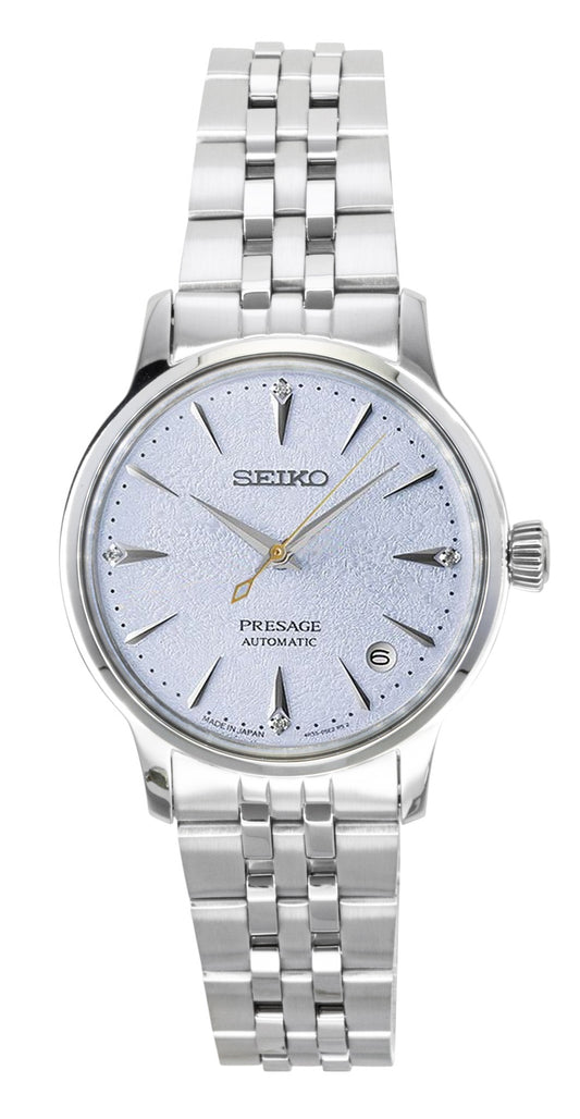 Seiko Presage Cocktail Diamond Accents Stainless Steel. A brand-new Seiko Presage watch featuring a Blue dial and a Stainless steel strap. Side view.