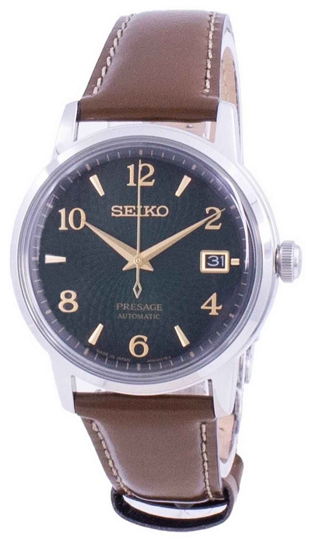 Seiko Presage Cocktail Time Mojito Automatic SRPE45 SRPE45J. A brand-new Seiko Presage watch featuring a Leather strap. Side view.