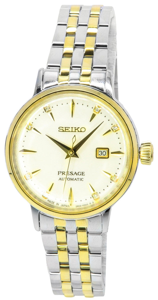 Seiko Presage Cocktail Time White Lady Diamond Accents Gold. A brand-new Seiko Presage watch featuring a Gold dial. Angled view.