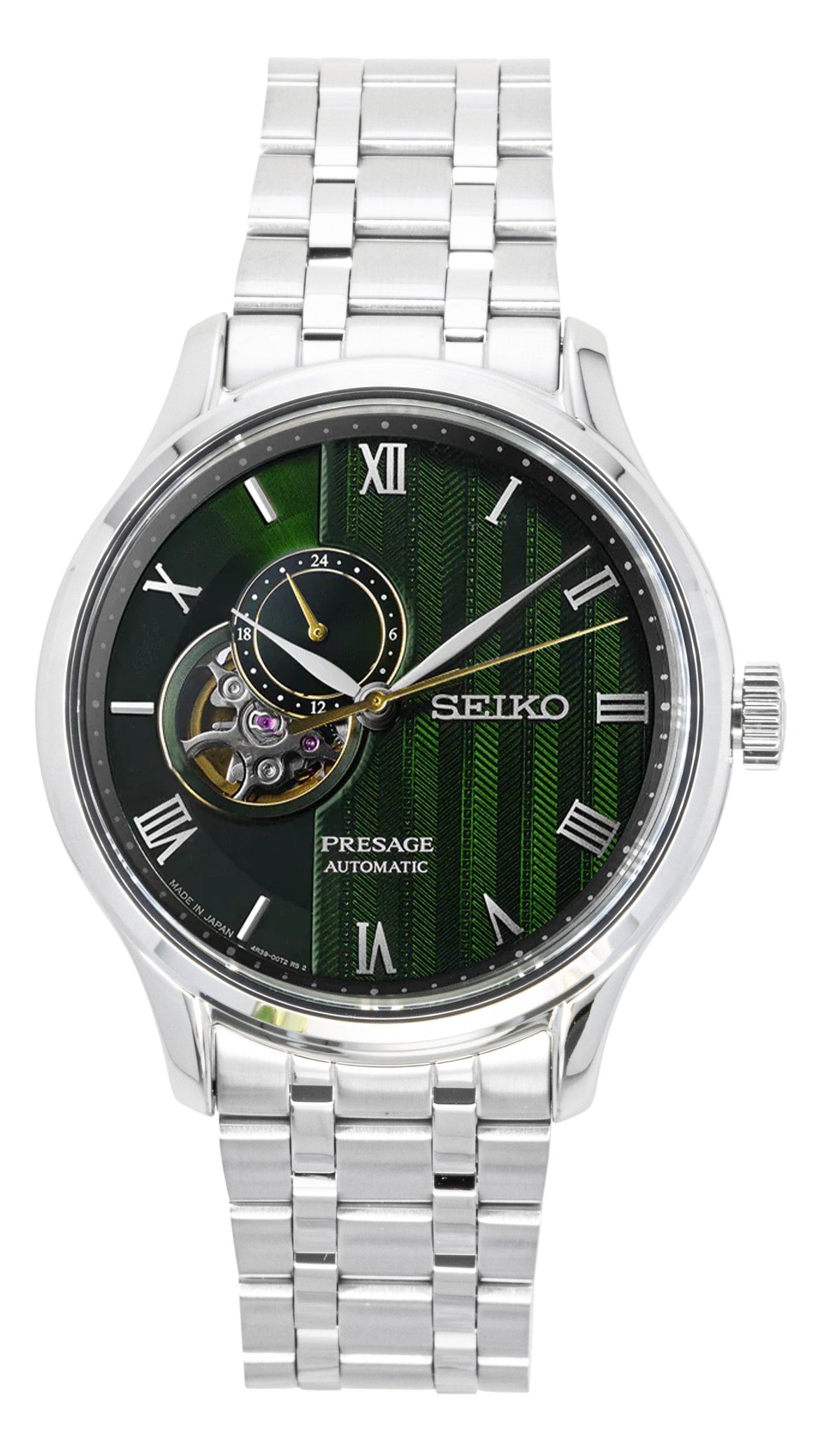 Seiko Presage Japanese Garden Stainless Steel Green Dial. A brand-new Seiko Presage watch featuring a Green dial and a Stainless steel strap. Front view.