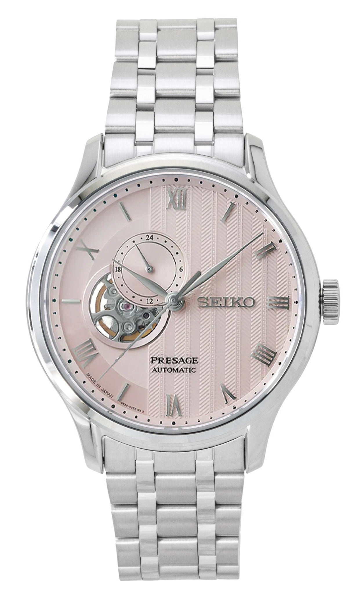 Seiko Presage Japanese Garden Stainless Steel Pale Pink. A brand-new Seiko Presage watch featuring a Pink dial and a Stainless steel strap. Angled view.
