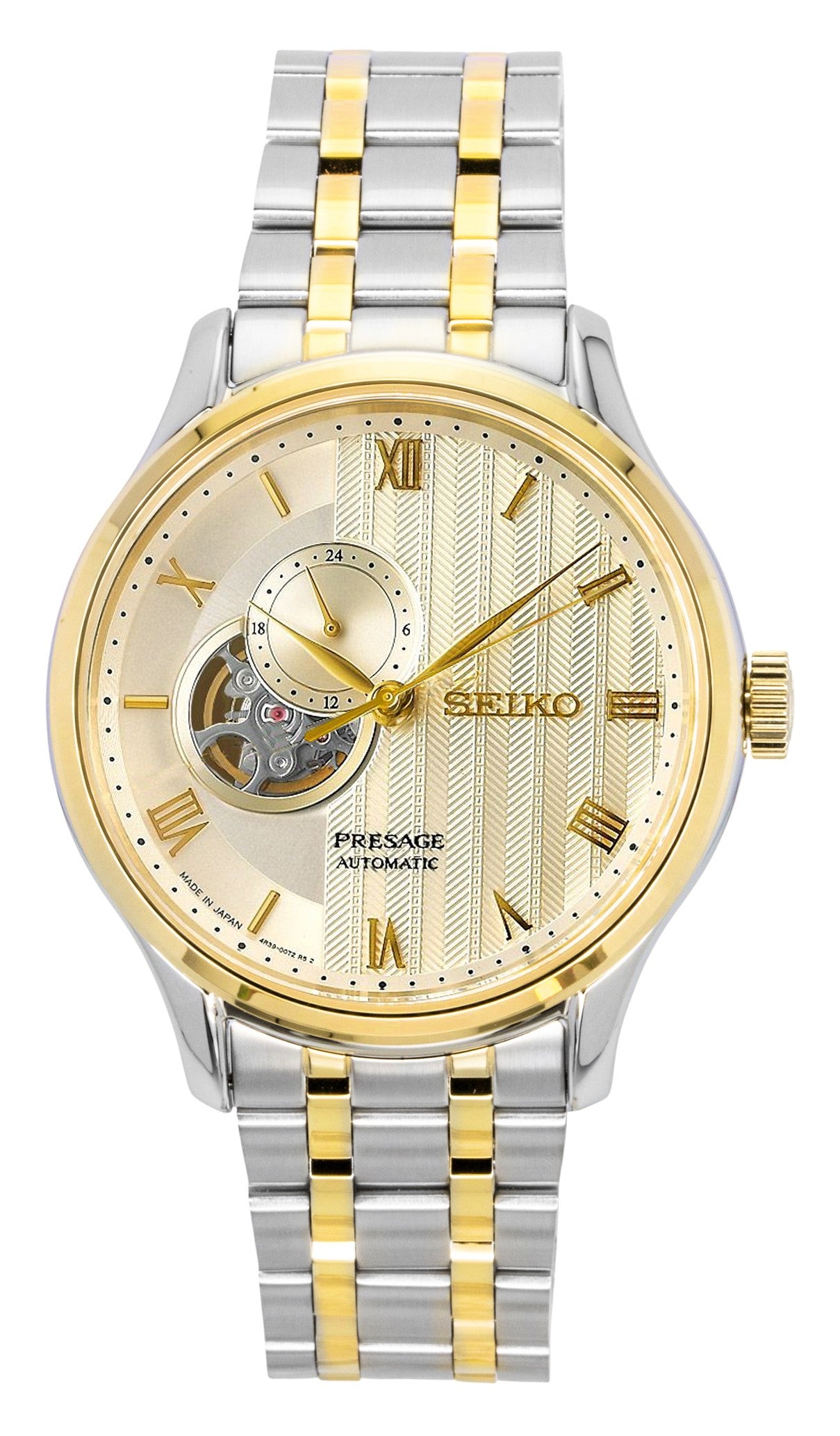 Seiko Presage Japanese Garden Two Tone Stainless Steel Gold. A brand-new Seiko Presage watch featuring a Gold dial and a Stainless steel strap. Angled view.