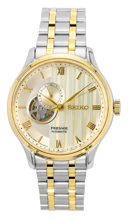 Seiko Presage Japanese Garden Two Tone Stainless Steel Gold. A brand-new Seiko Presage watch featuring a Gold dial and a Stainless steel strap. Angled view.