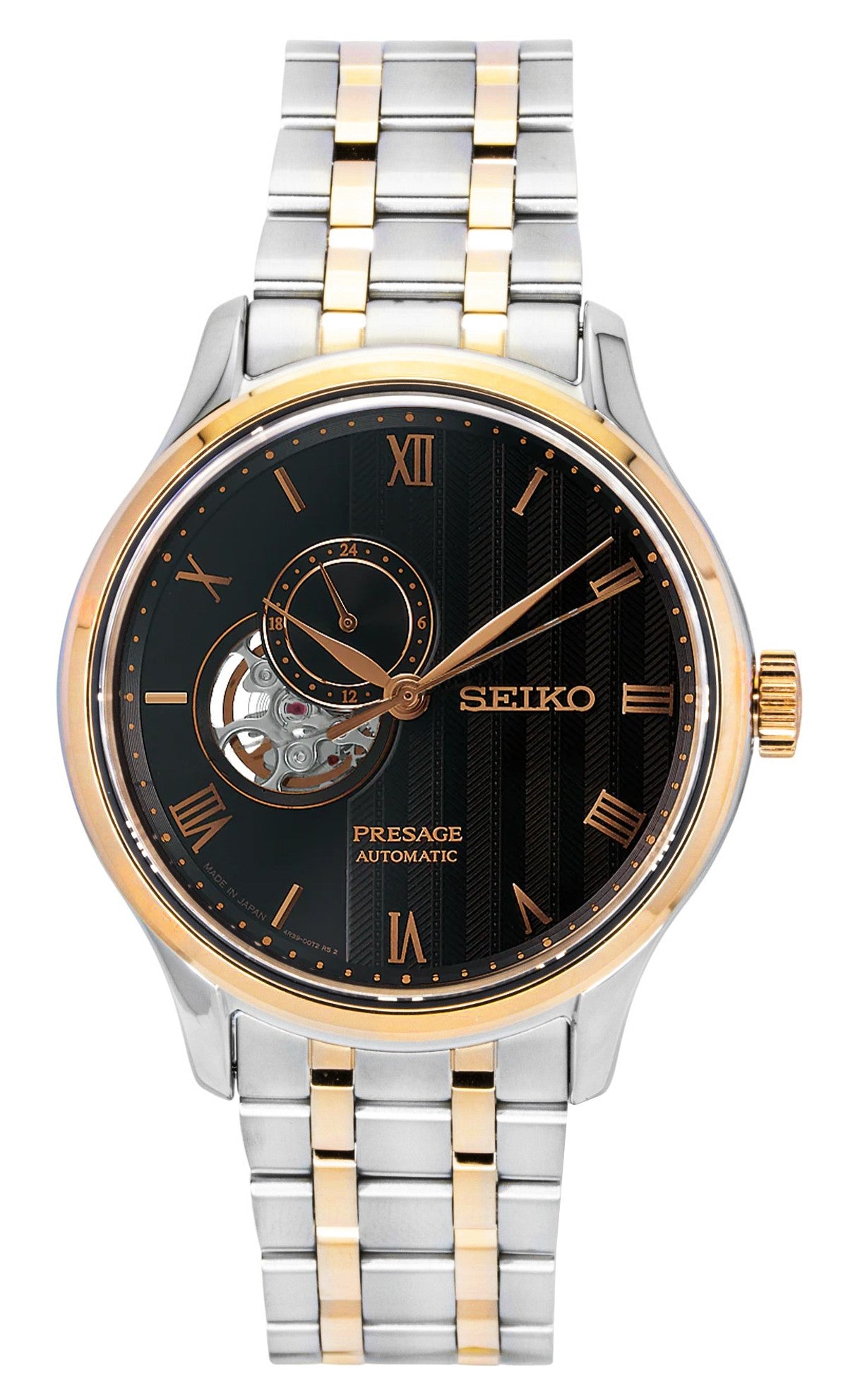 Seiko Presage Japanese Garden Two Tone Stainless Steel. A brand-new Seiko Presage watch featuring a Stainless steel strap. Front view.