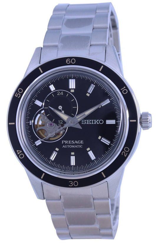Seiko Presage Style 60's Open Heart Black Dial Automatic. A brand-new Seiko Presage watch featuring a Black dial and a Stainless steel strap. Side view.