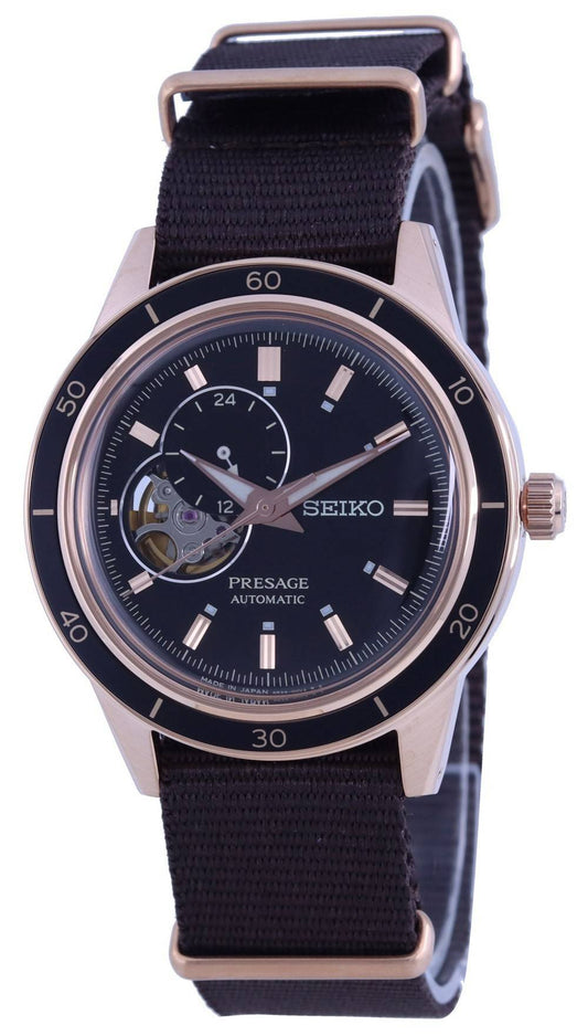 Seiko Presage Style 60's Open Heart Black Dial Automatic. A brand-new Seiko Presage watch featuring a Black dial and a Nylon strap. Angled view.