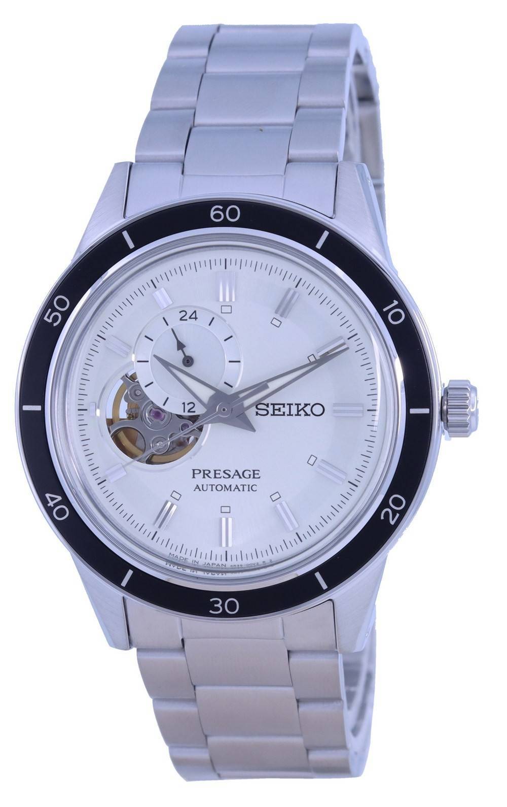 Seiko Presage Style 60's Open Heart Cream Dial Automatic. A brand-new Seiko Presage watch featuring a Stainless steel strap. Front view.
