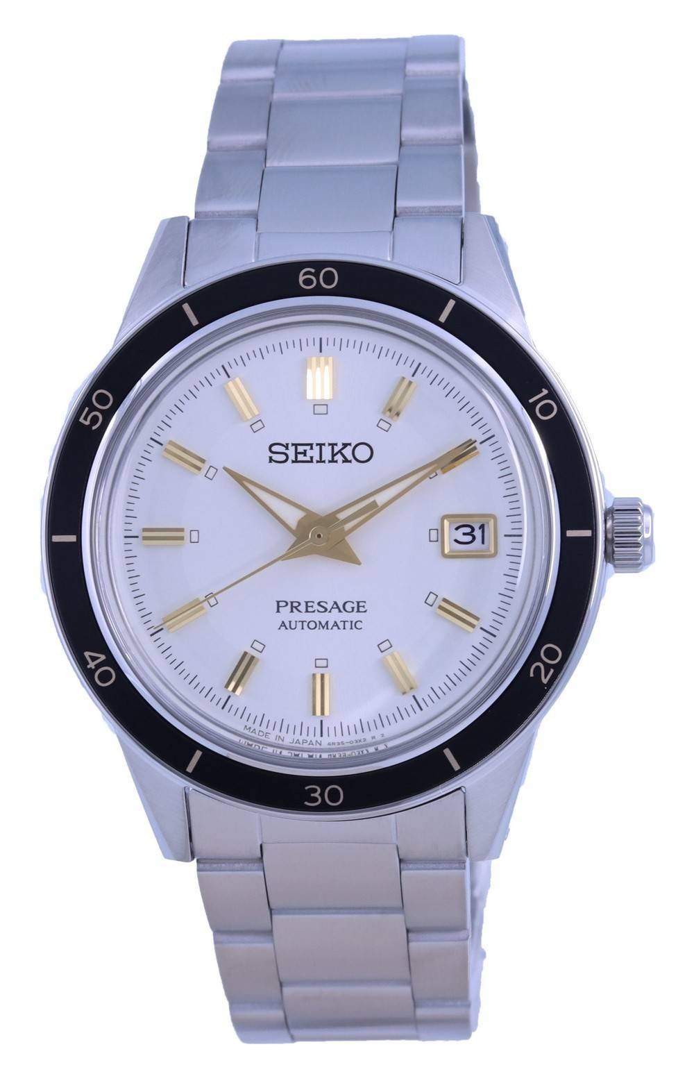 Seiko Presage Style 60's Stainless Steel Automatic SRPG03. A brand-new Seiko Presage watch featuring a Stainless steel strap. Side view.