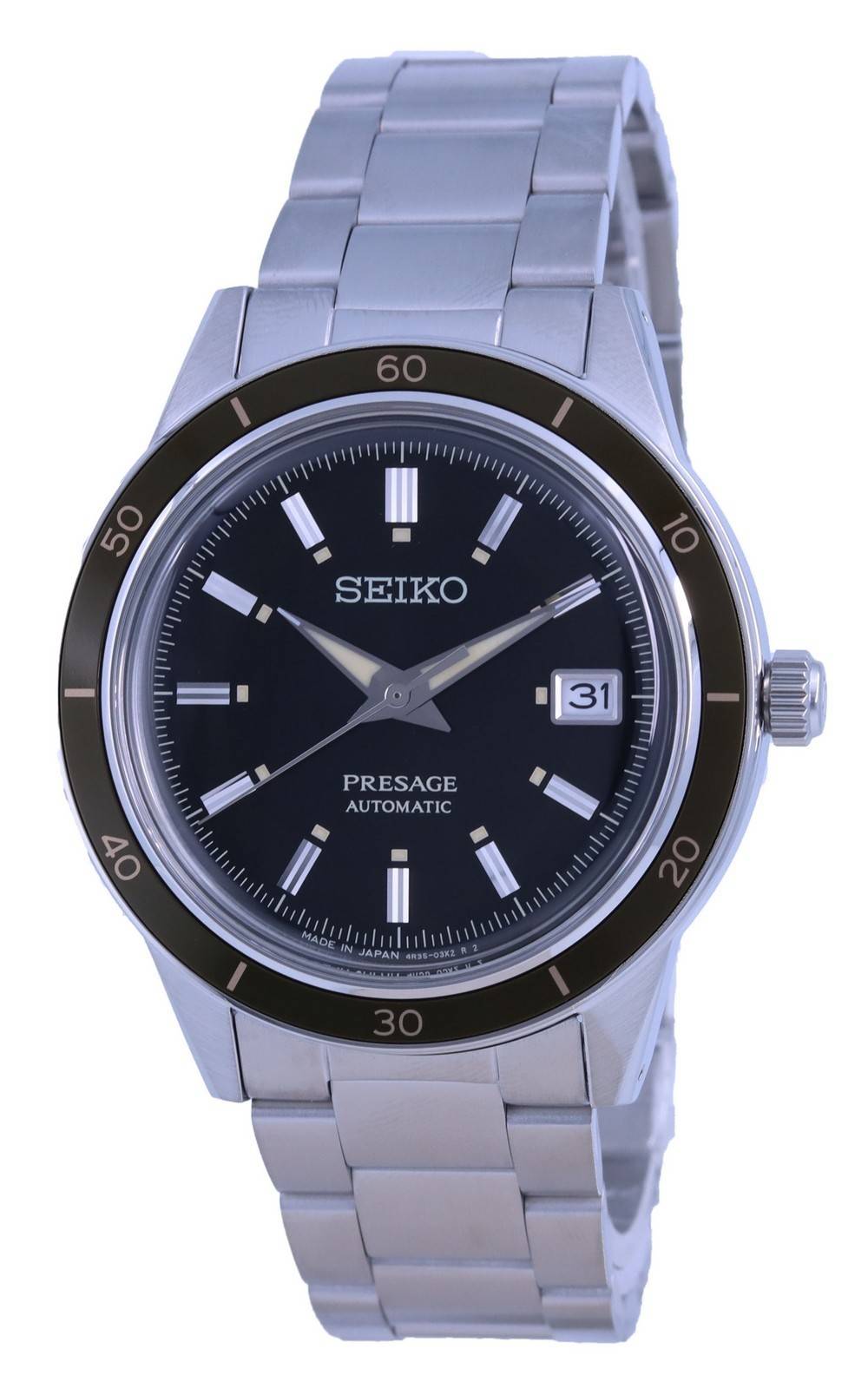Seiko Presage Style 60's Stainless Steel Automatic SRPG07. A brand-new Seiko Presage watch featuring a Stainless steel strap. Angled view.