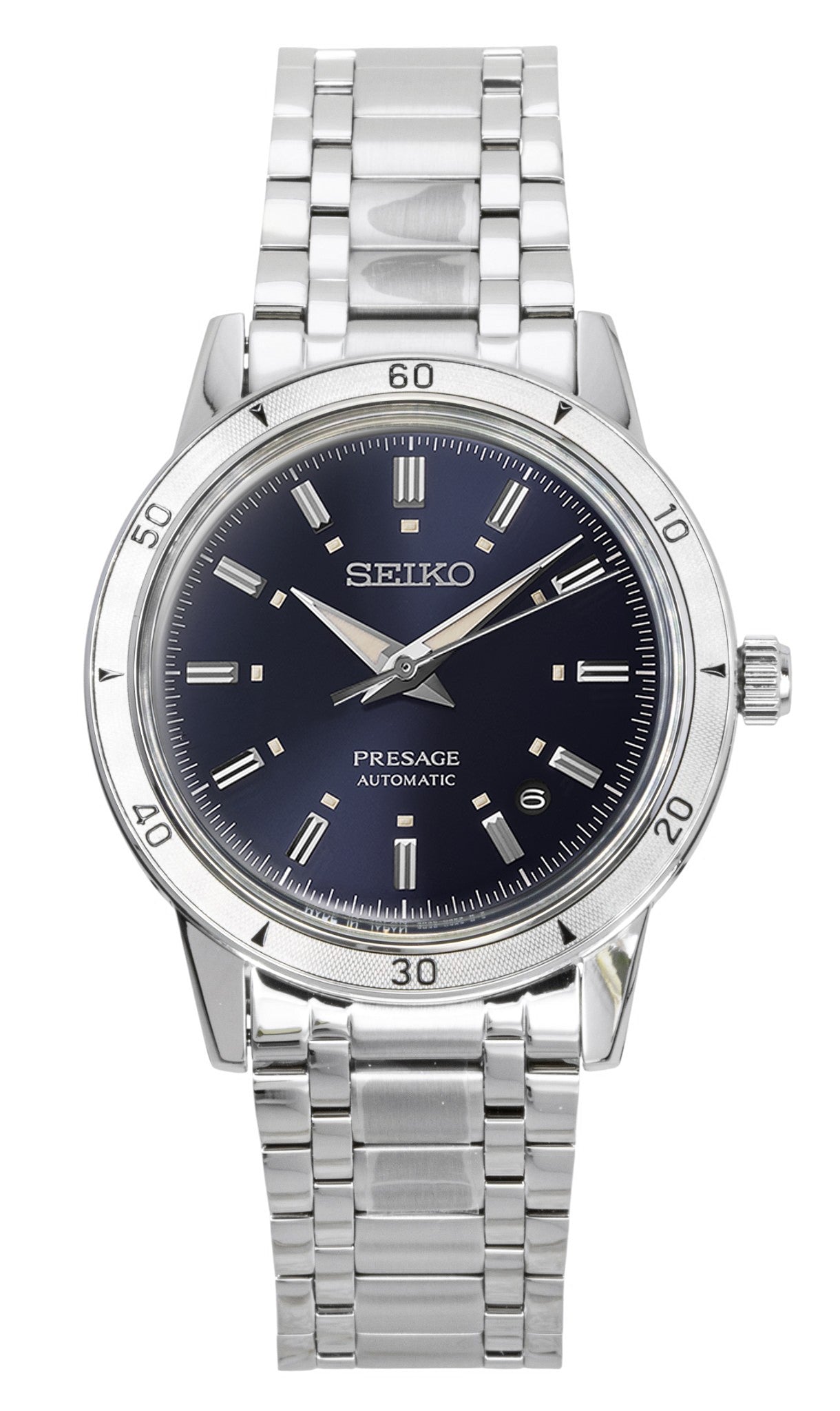 Seiko Presage Style 60’s Stainless Steel Blue Dial Automatic. A brand-new Seiko Presage watch featuring a Blue dial and a Stainless steel strap. Side view.
