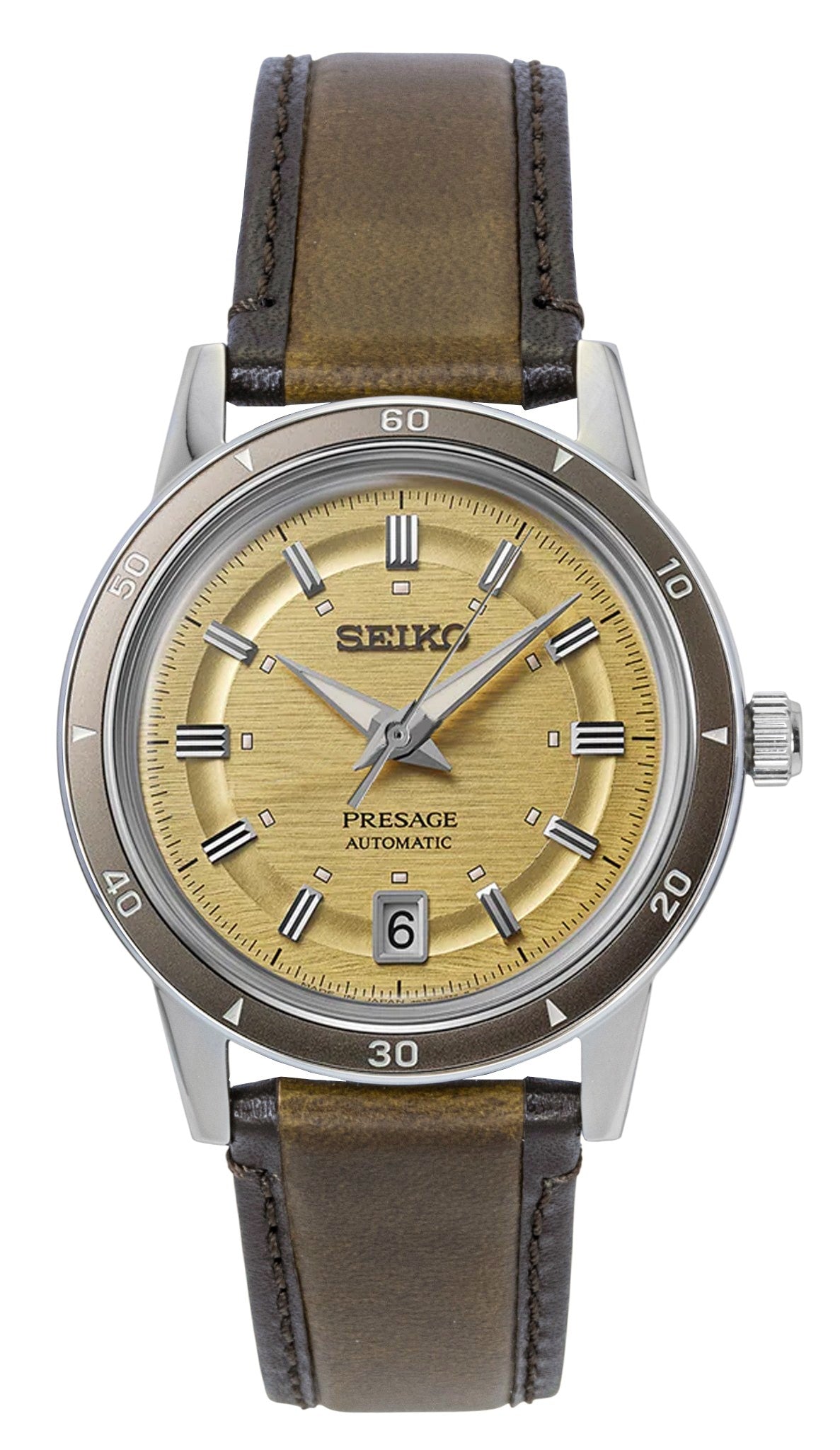 Seiko Presage Style 60's Stainless Steel Gold Dial Automatic. A brand-new Seiko Presage watch featuring a Gold dial and a Stainless steel strap. Front view.