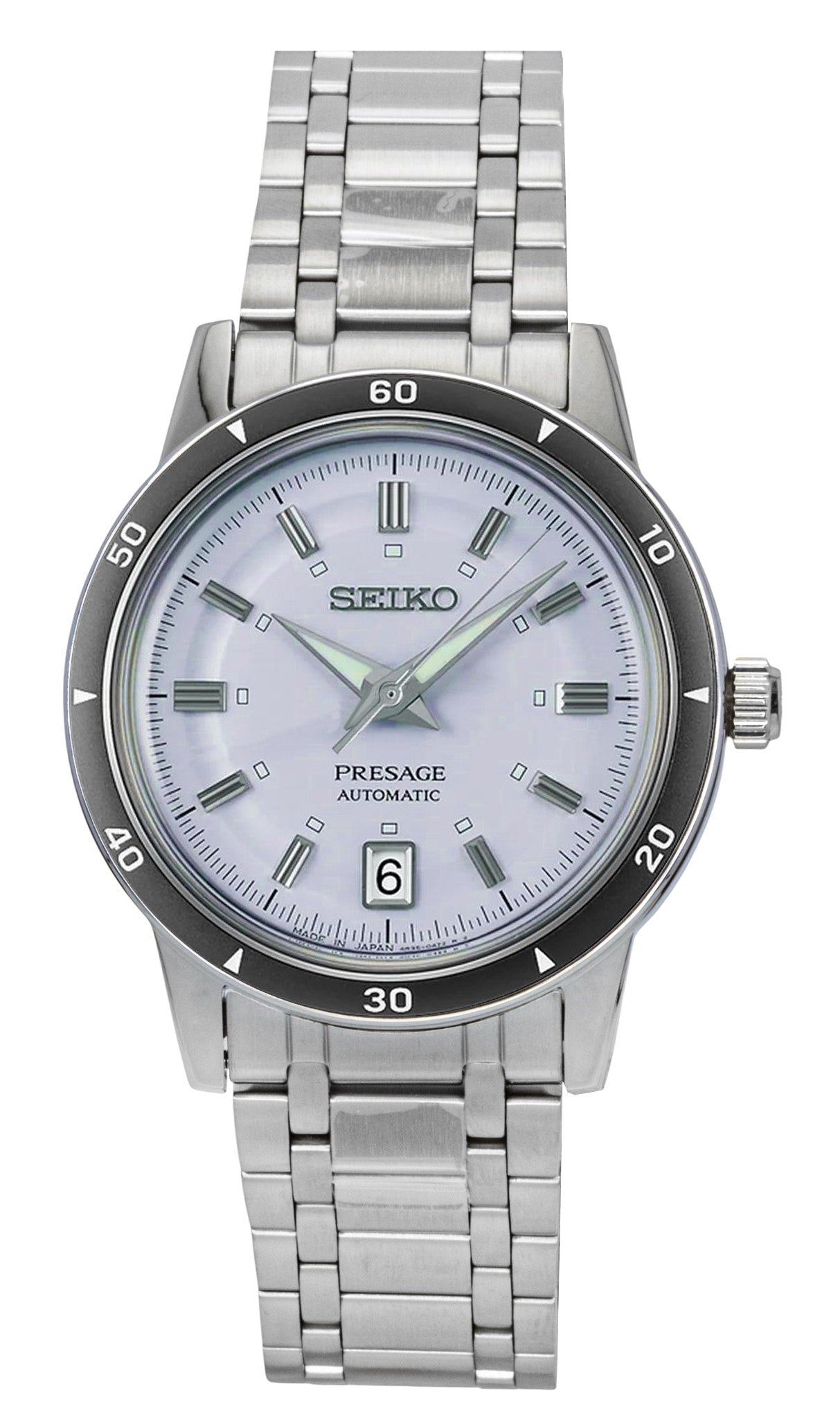 Seiko Presage Style 60's Stainless Steel Light Violet Dial. A brand-new Seiko Presage watch featuring a Stainless steel strap. Side view.